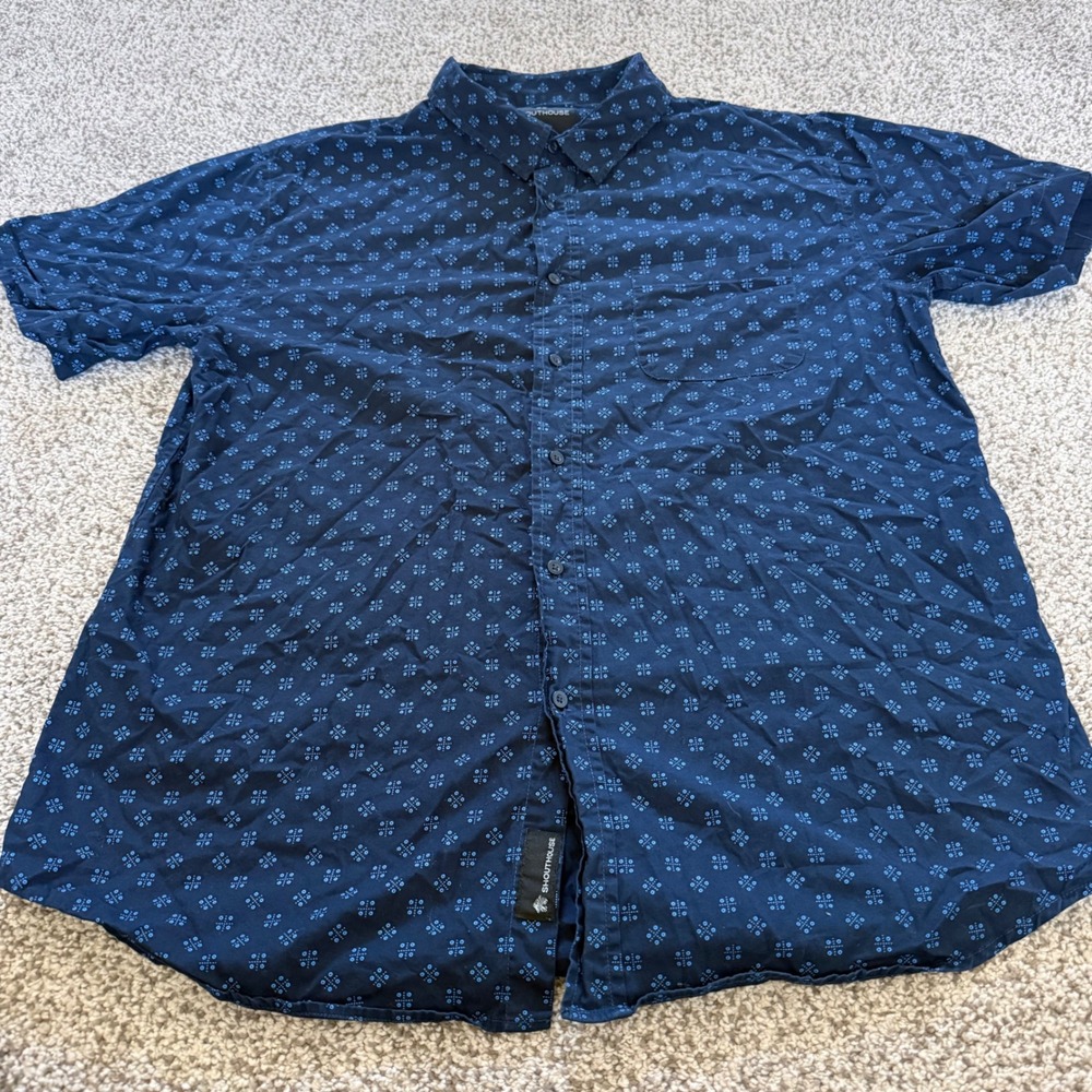 Shouthouse Mens Navy Blue Geometric Medallion Print Cotton Short Sleeve Shirt L